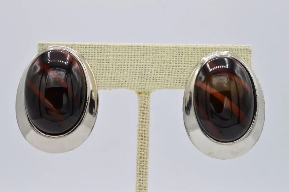 Vintage Oval Clip On Earrings Silver Lucite Tortoise Chunky NOS 1980s BinAA